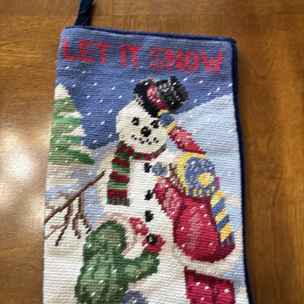 Snowman Children Winter‎ Yarn Needlepoint Christmas Stocking Blue Velvet